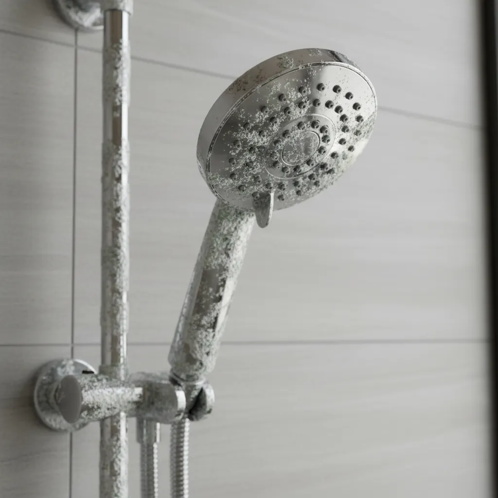 Showerhead with visible hard water mineral deposits
