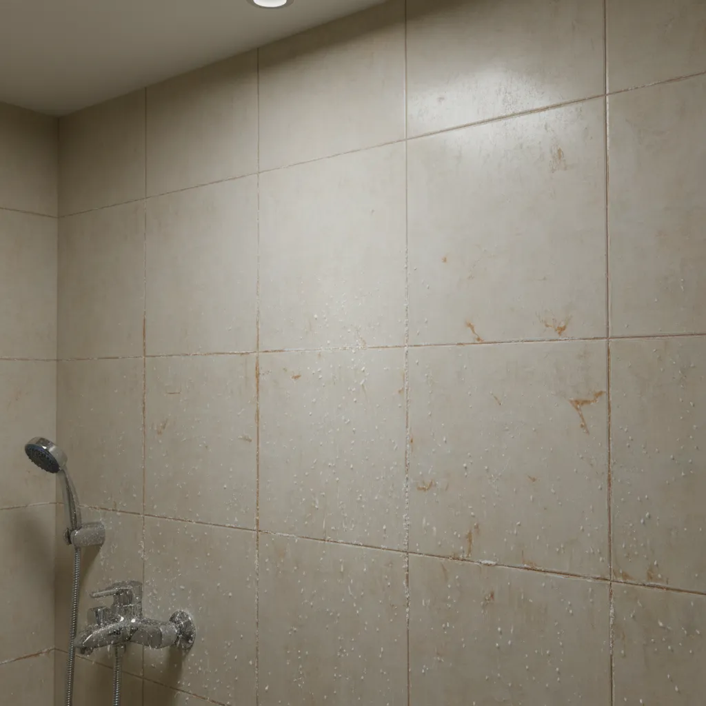 bathroom wall tiles showing hard water stains and soap residue