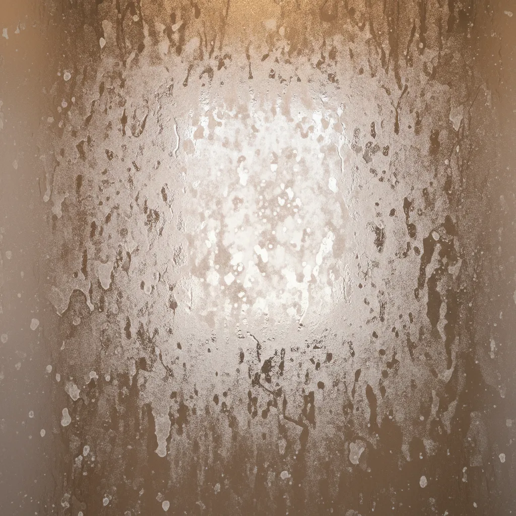 close up of hard water mineral stains on frosted glass shower door