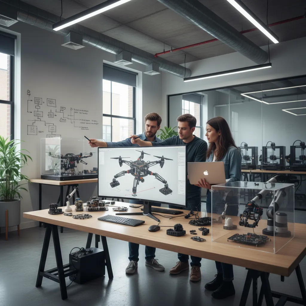startup engineers reviewing CAD prototype design on laptop and large screen