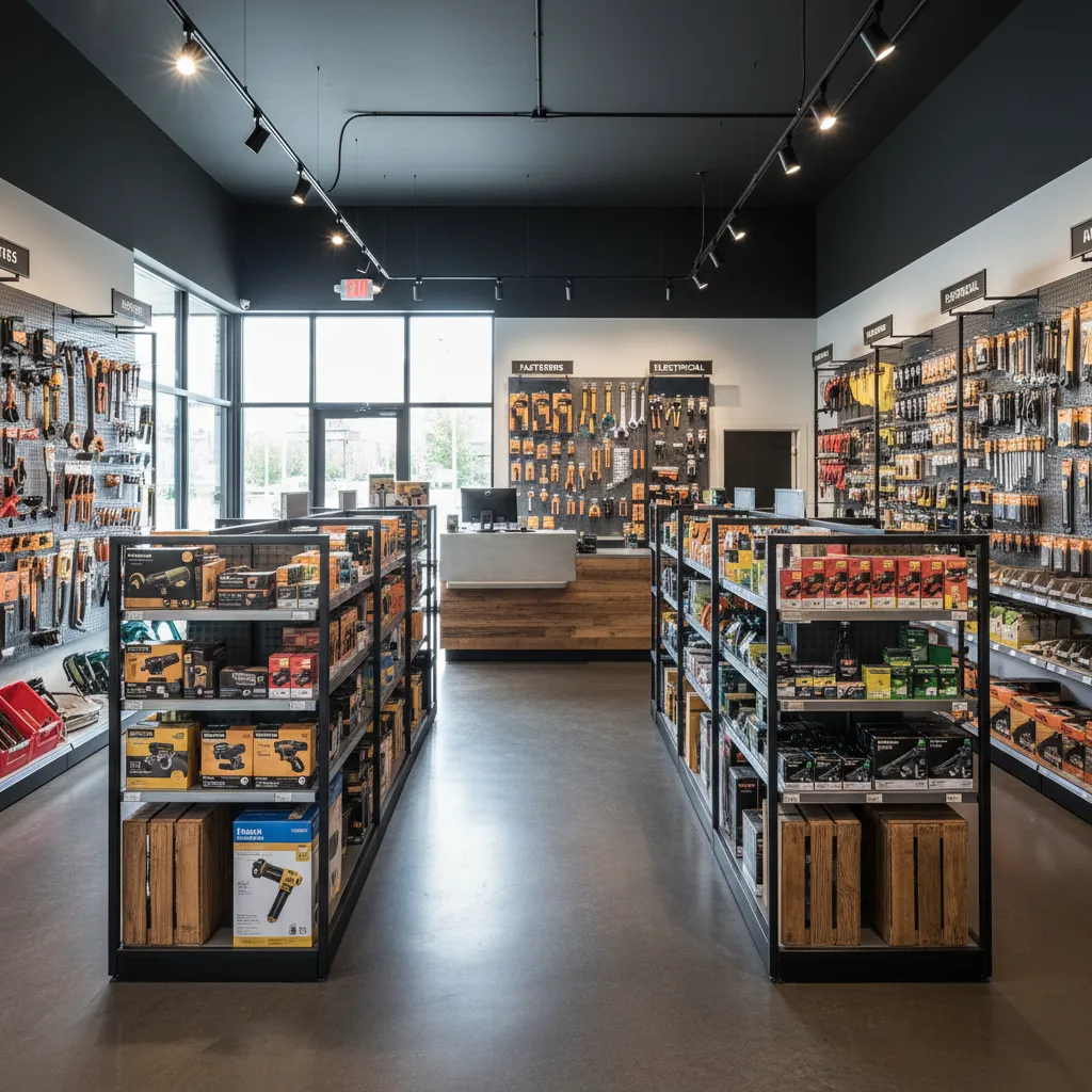 Distribución interior de una ferretería pequeña con zonas de productos
