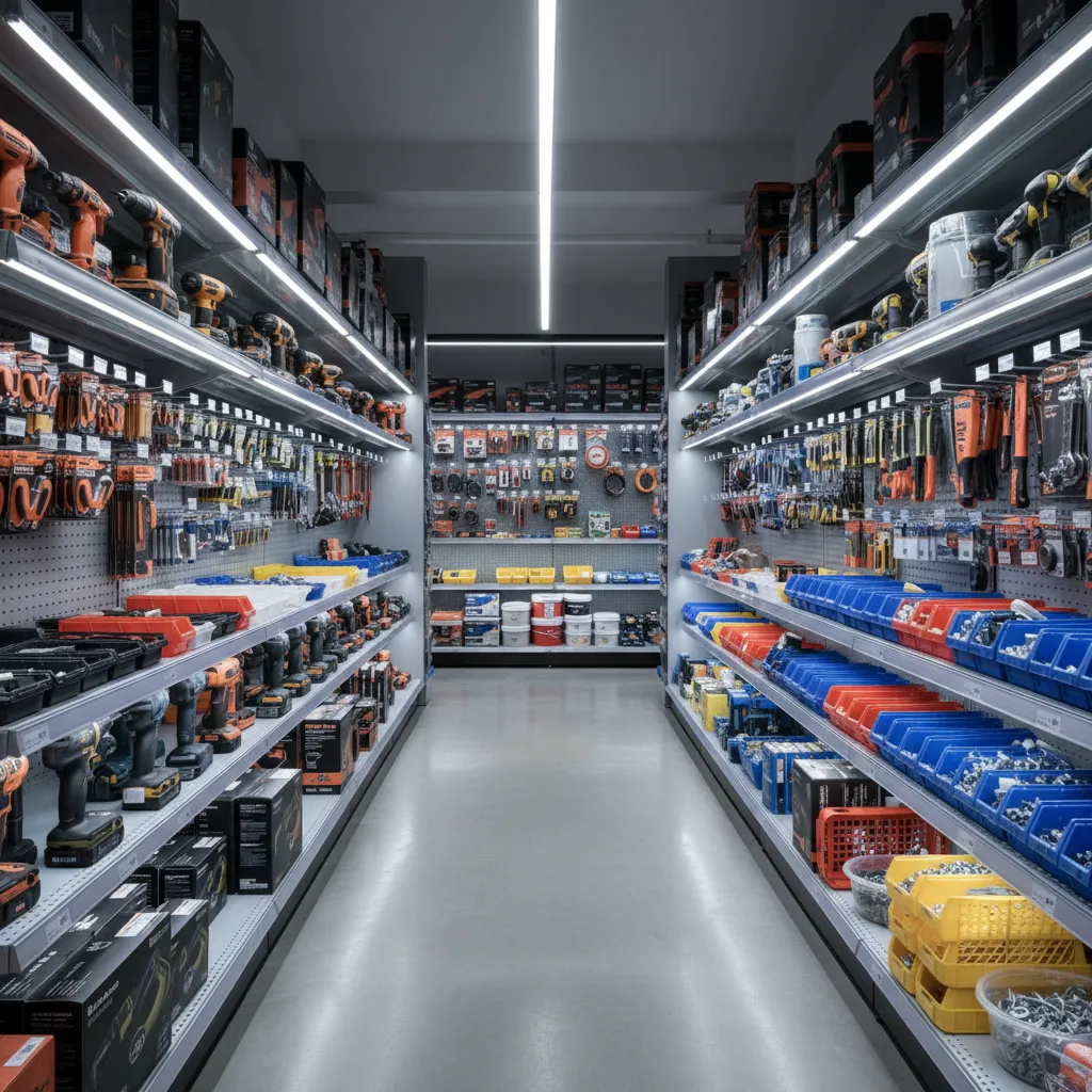 Iluminación LED en estanterías de una ferretería moderna