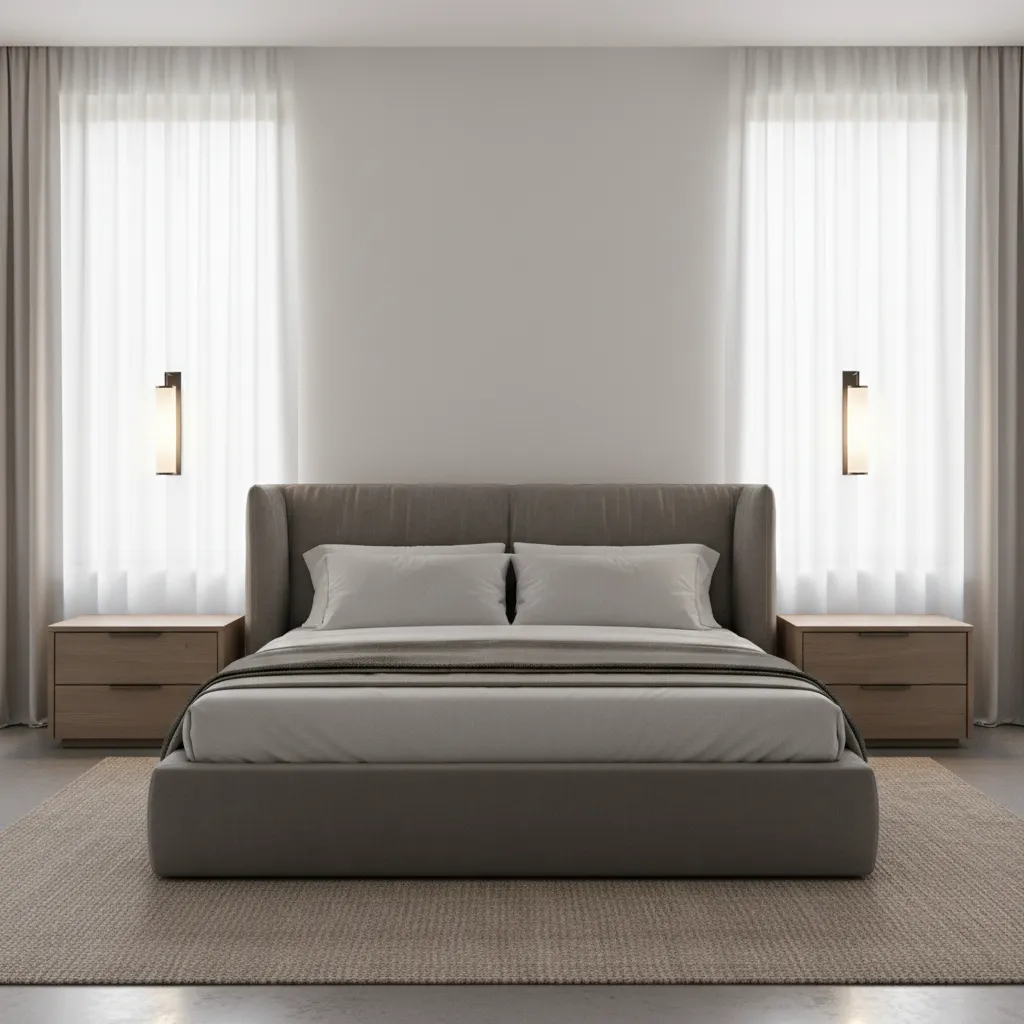 Hardwired bedside wall sconces mounted symmetrically above nightstands