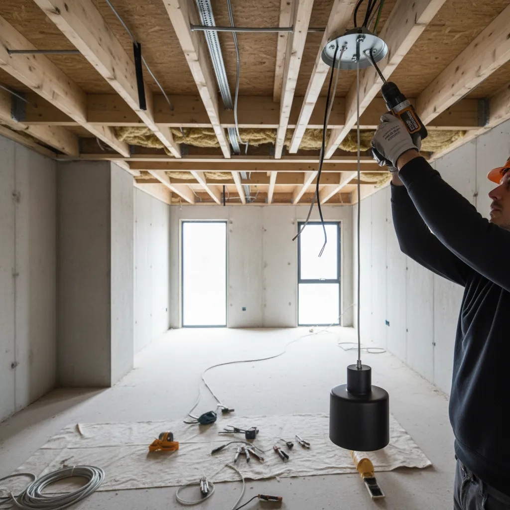 hardwired ceiling light fixture mounted to electrical junction box