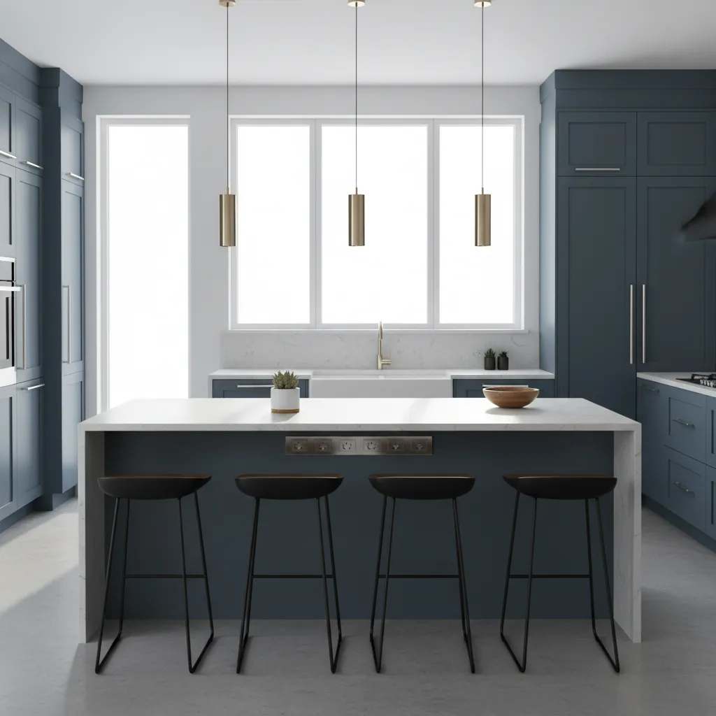 Kitchen island with slim hardwired outlet strip installed under countertop overhang
