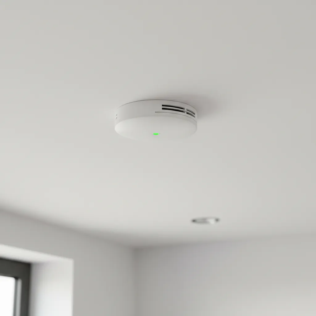 Ceiling mounted hardwired smoke detector with steady green power light
