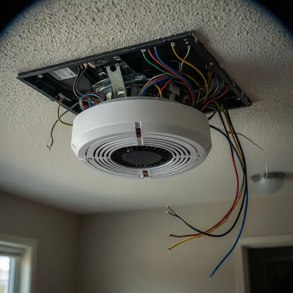 Hardwired smoke detector removed from ceiling showing wiring harness connection