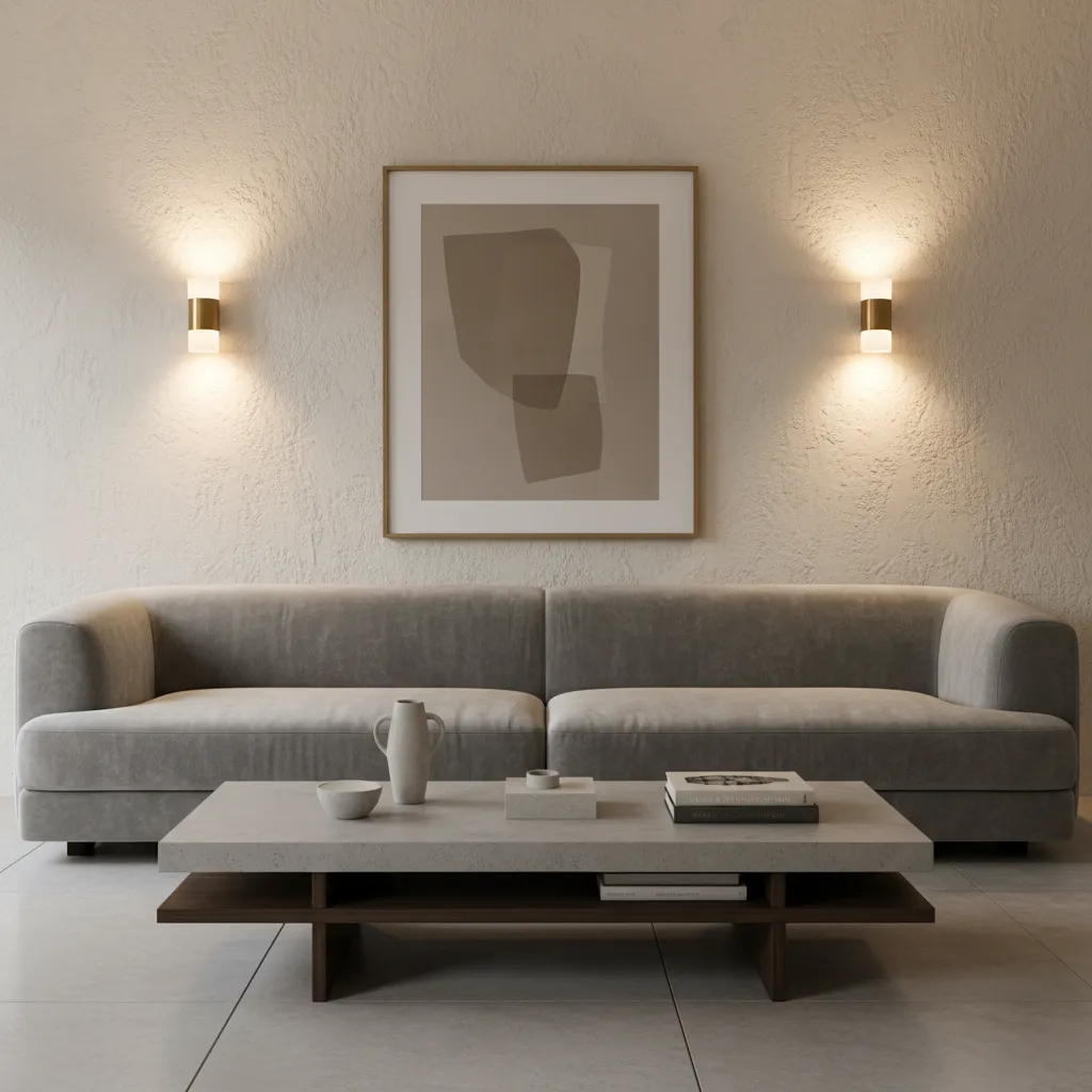 Hardwired wall sconces mounted symmetrically on living room wall with hidden wiring