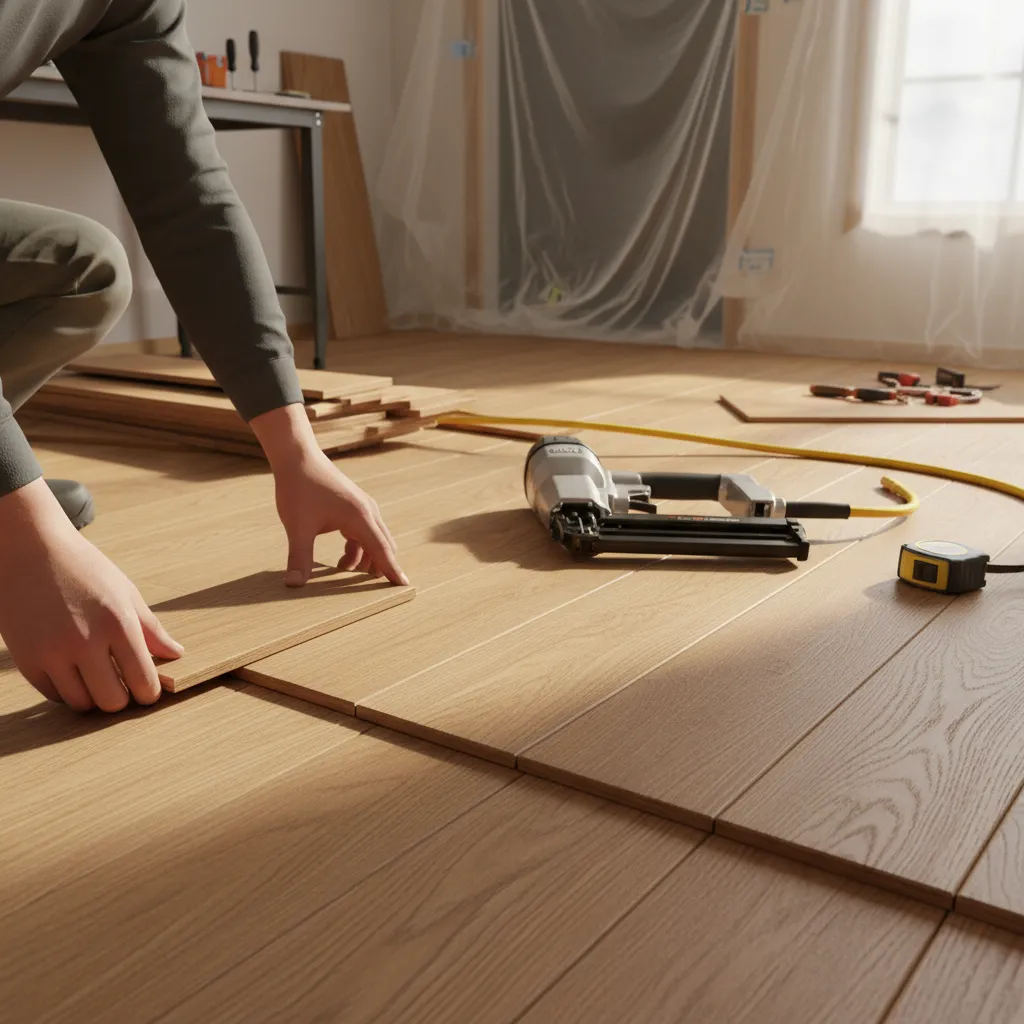 Installer reusing hardwood plank cutoff piece to start new flooring row