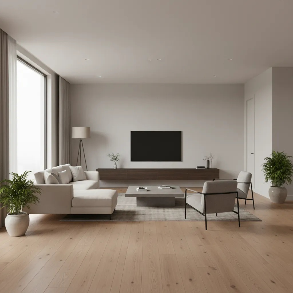 hardwood flooring installed parallel to the longest wall of a rectangular living room