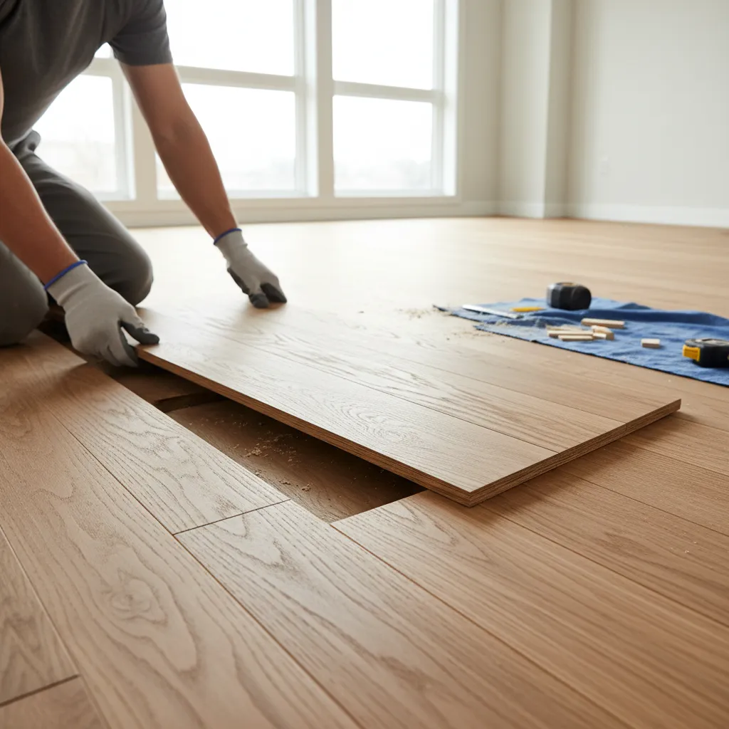 New hardwood board installed into existing floor during repair