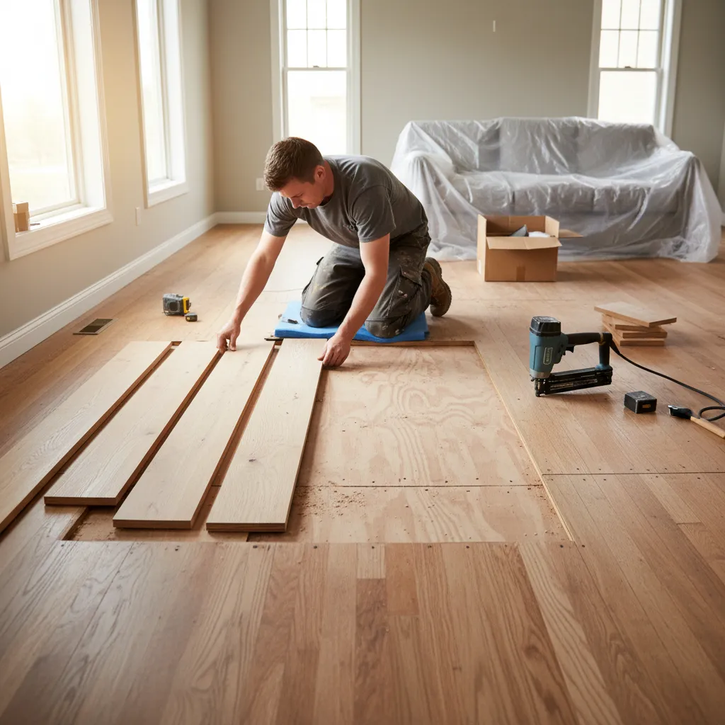 Contractor replacing damaged hardwood floor boards