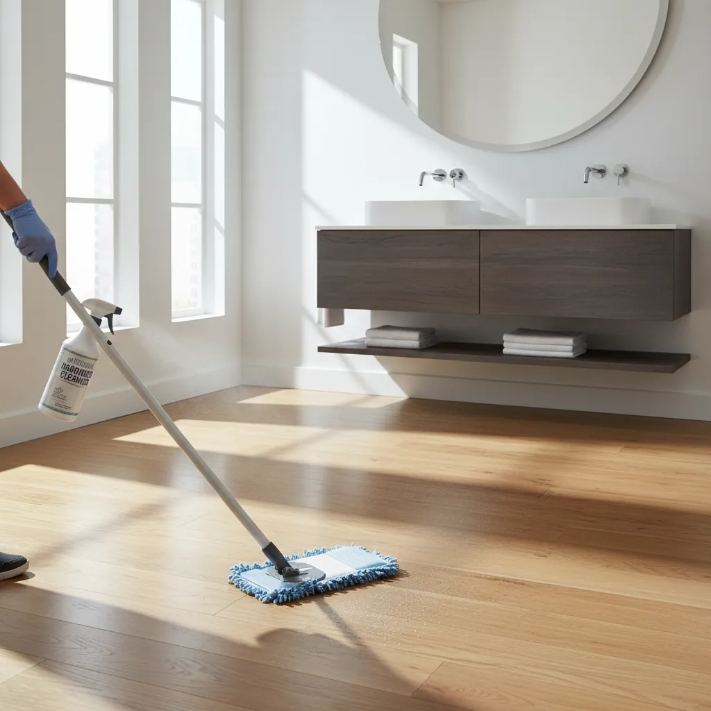 Applying hardwood floor cleaner after removing hair dye stain