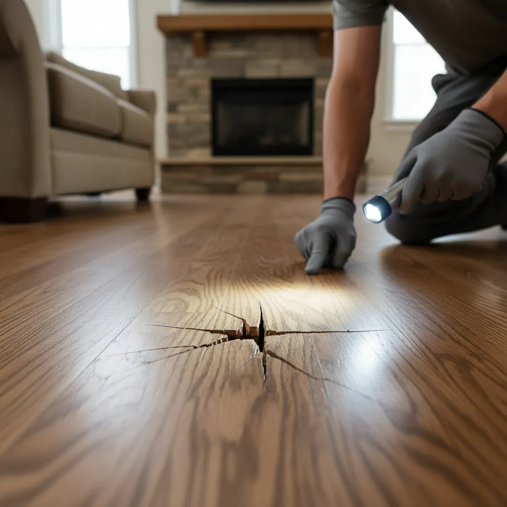 Inspection of damaged hardwood floor with visible hole and cracks