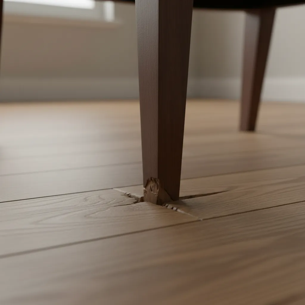 close view of hardwood floor dent and pressure damage forming before structural failure