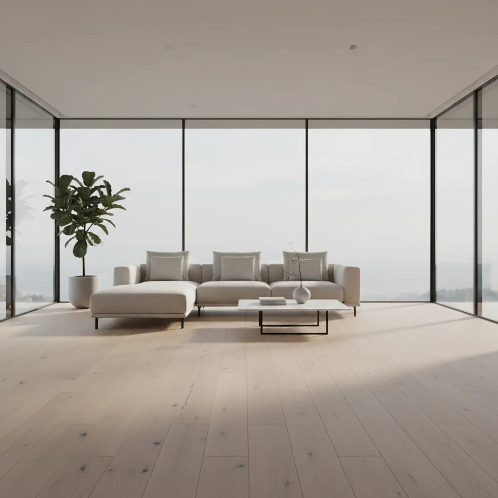 living room with hardwood planks running toward large windows improving visual energy flow
