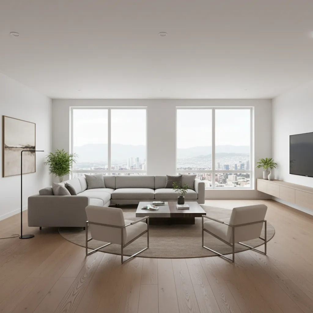 living room showing hardwood planks running through open space from entrance