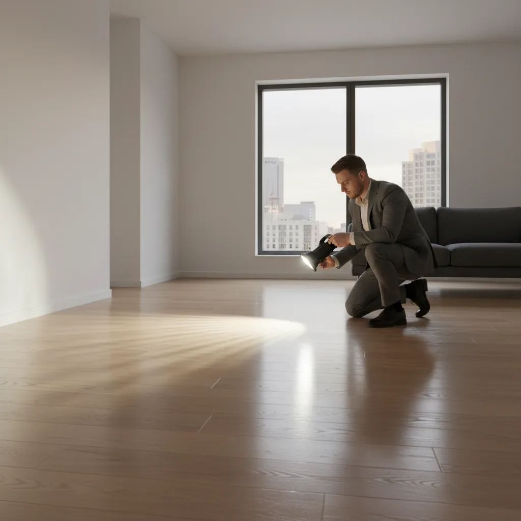 Inspector checking hardwood floor finish reflection using angled light