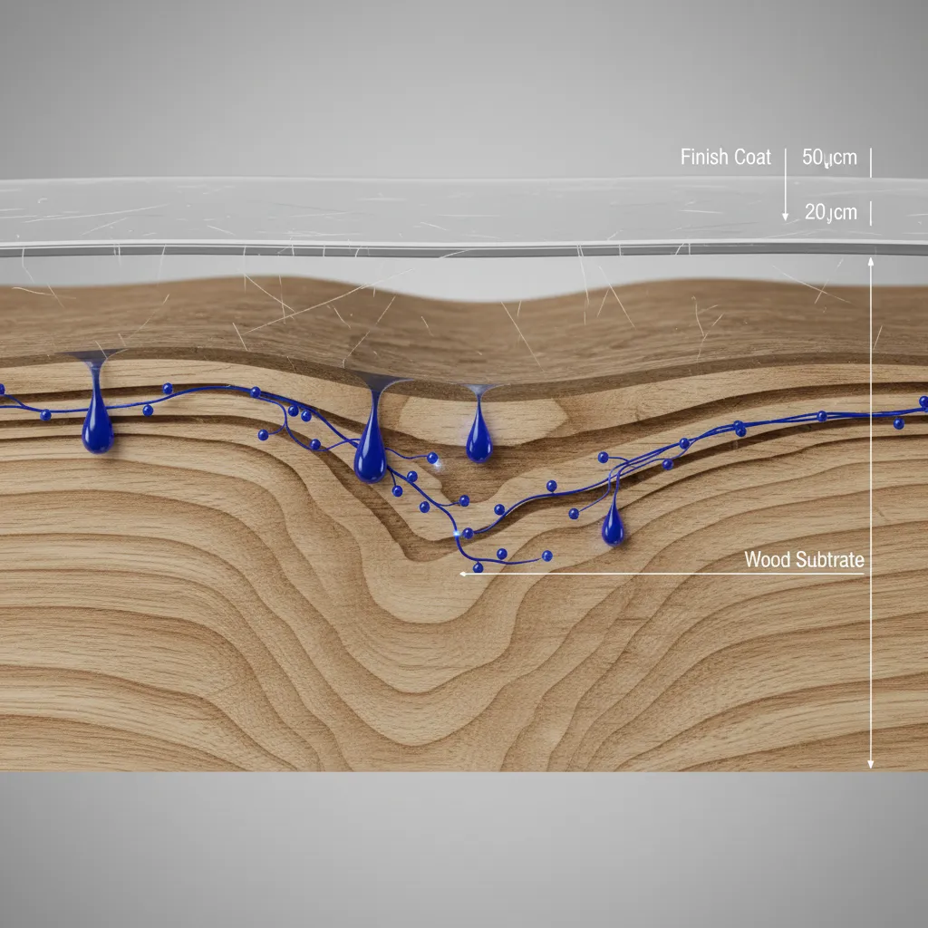 Illustration showing micro scratches in hardwood floor finish allowing dye penetration