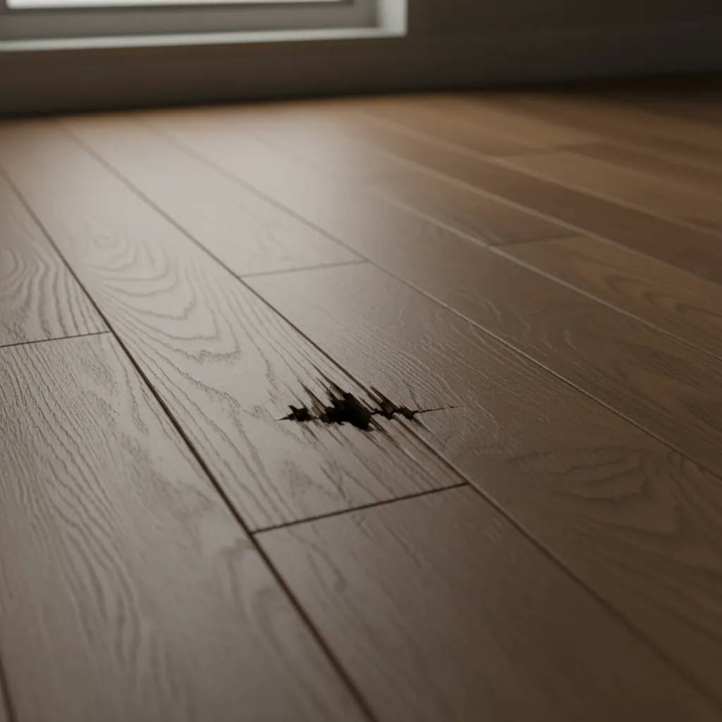 Close-up of a hole and damaged area in hardwood flooring before repair