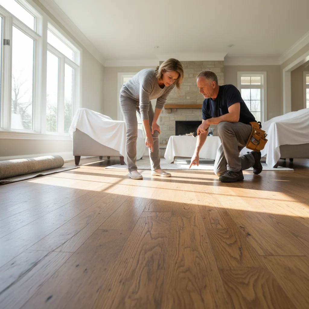 Homeowner inspecting hardwood floor condition before refinishing