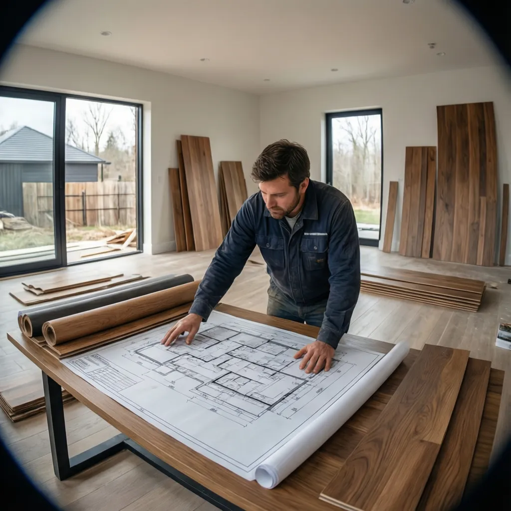 contractor reviewing hardwood floor installation plan and underlayment materials