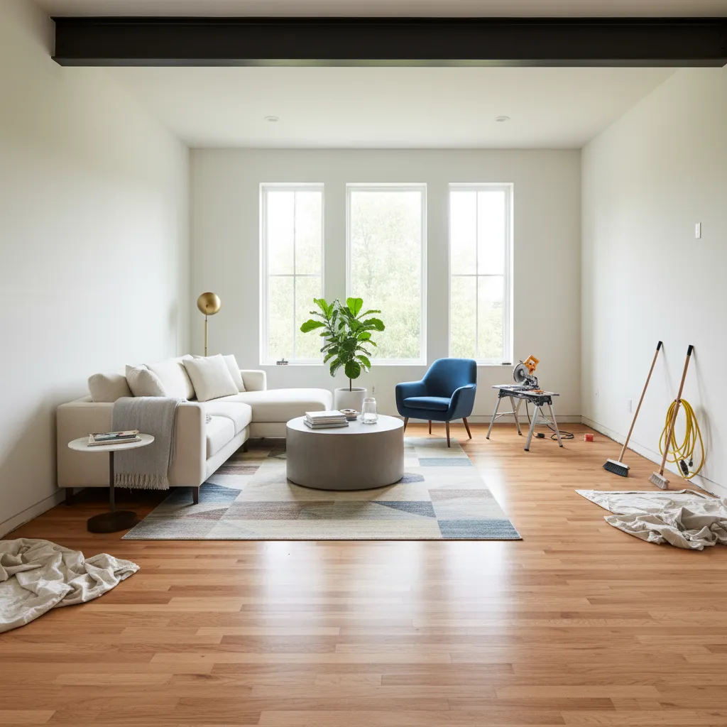 home renovation with new hardwood floor installation in open living space