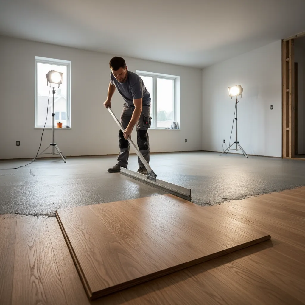 Contractor leveling subfloor before installing hardwood flooring