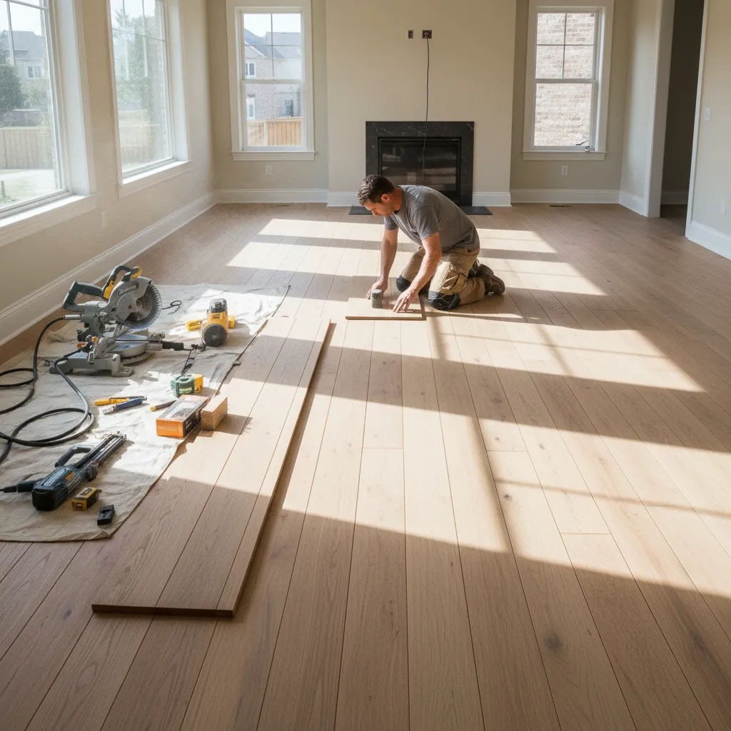 Contractor installing hardwood flooring in residential living room