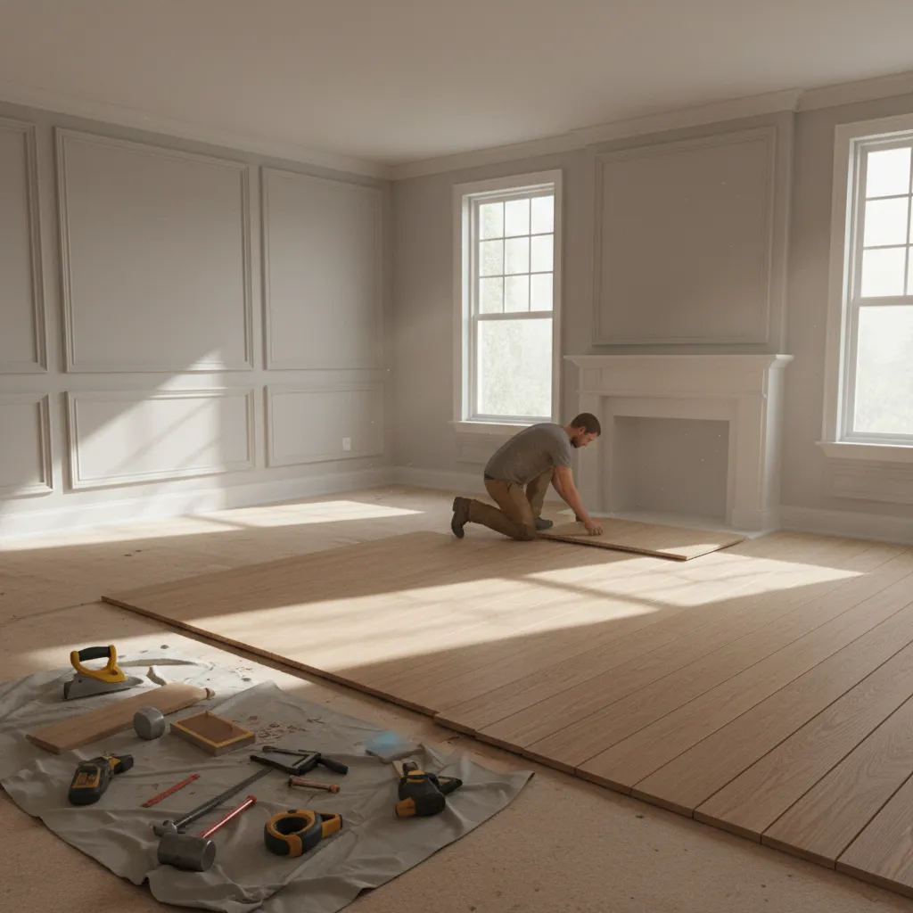 Contractor installing hardwood planks in a bright residential living room