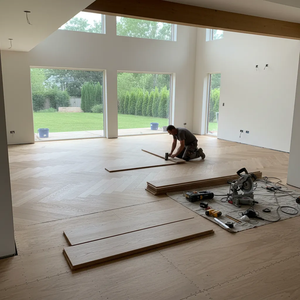 New hardwood planks being installed on subfloor during flooring replacement project