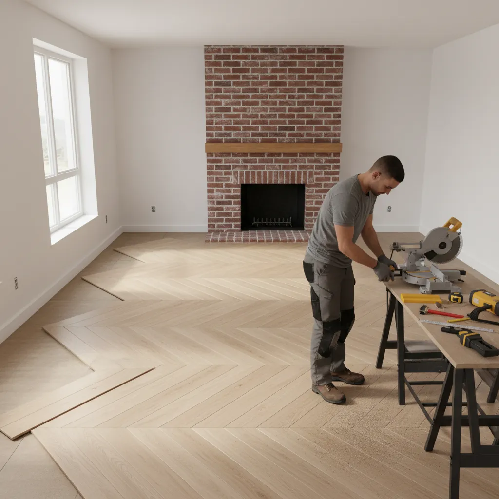 contractor installing hardwood floor planks in residential room