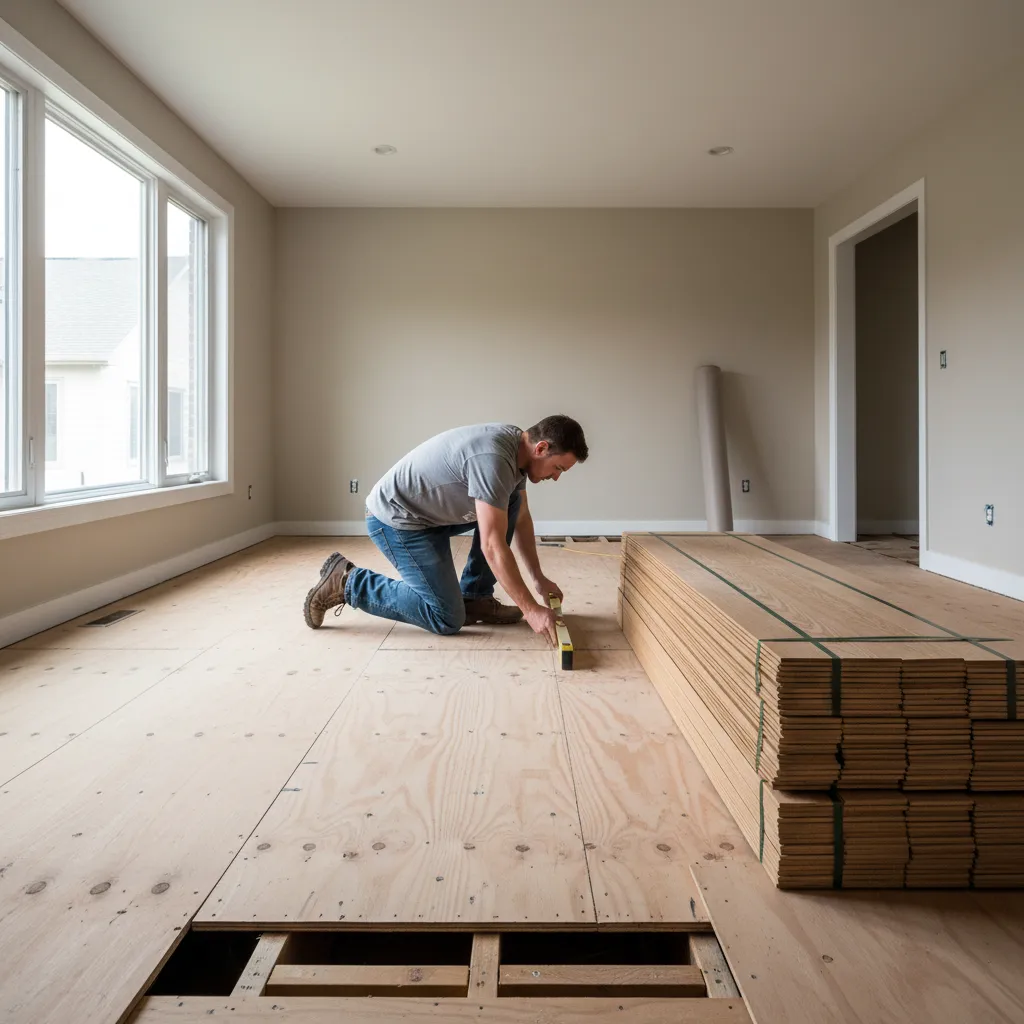 Hardwood flooring installation with exposed subfloor inspection in residential home