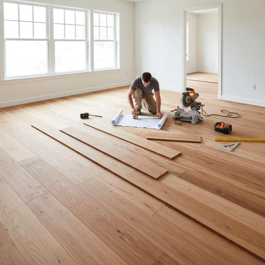 hardwood flooring installation showing cut planks and layout planning on floor