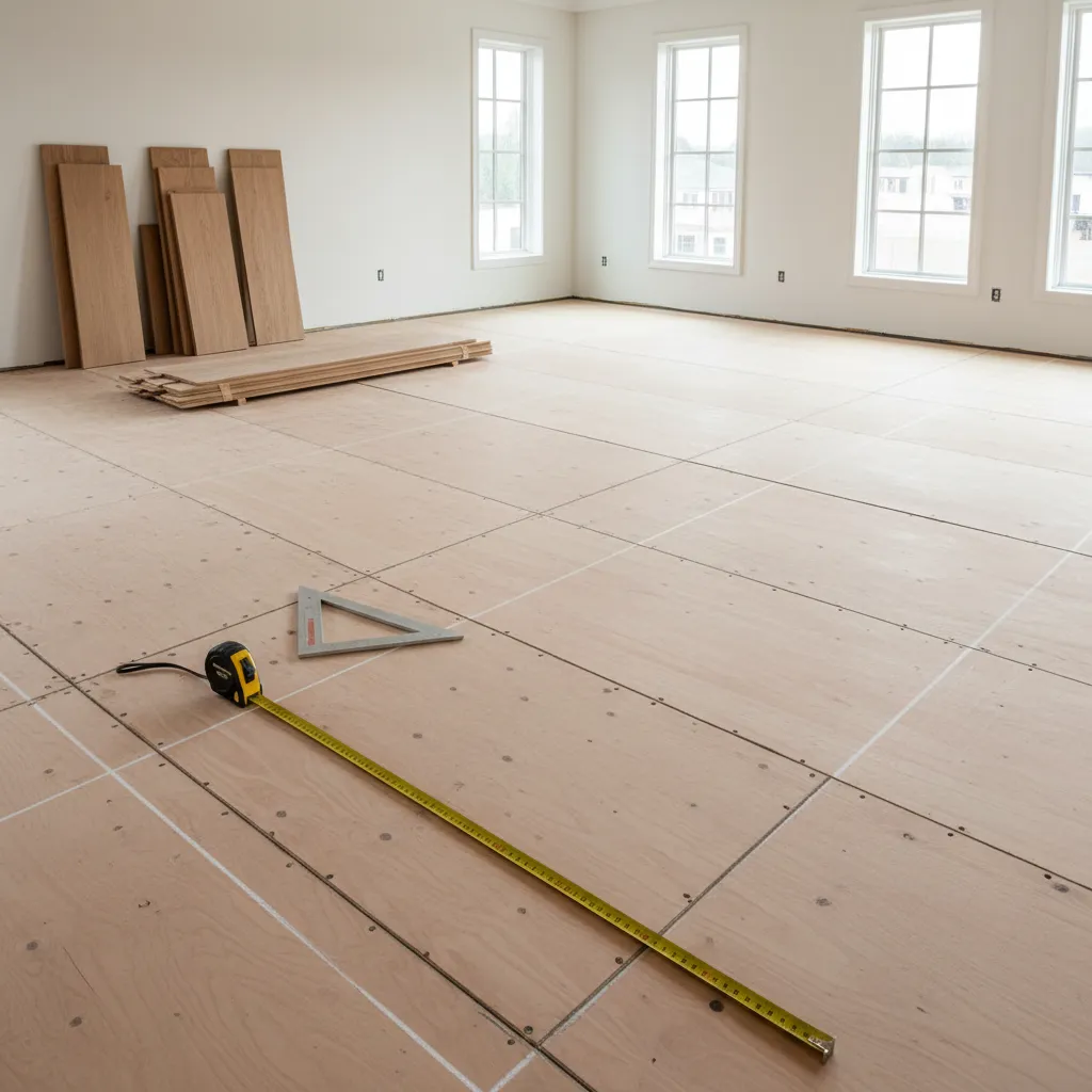 Hardwood floor layout with chalk reference lines before installation