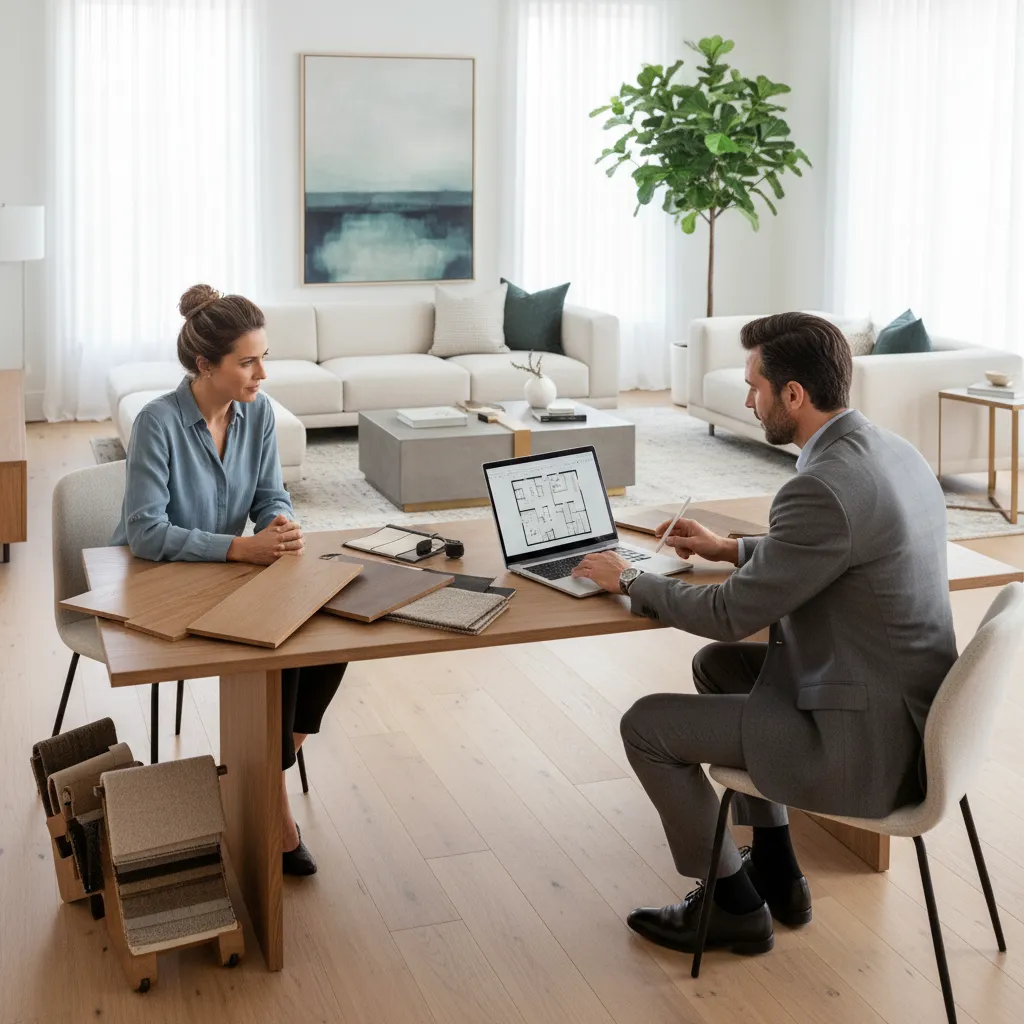 Planning hardwood flooring layout with digital floor plan on laptop in modern home