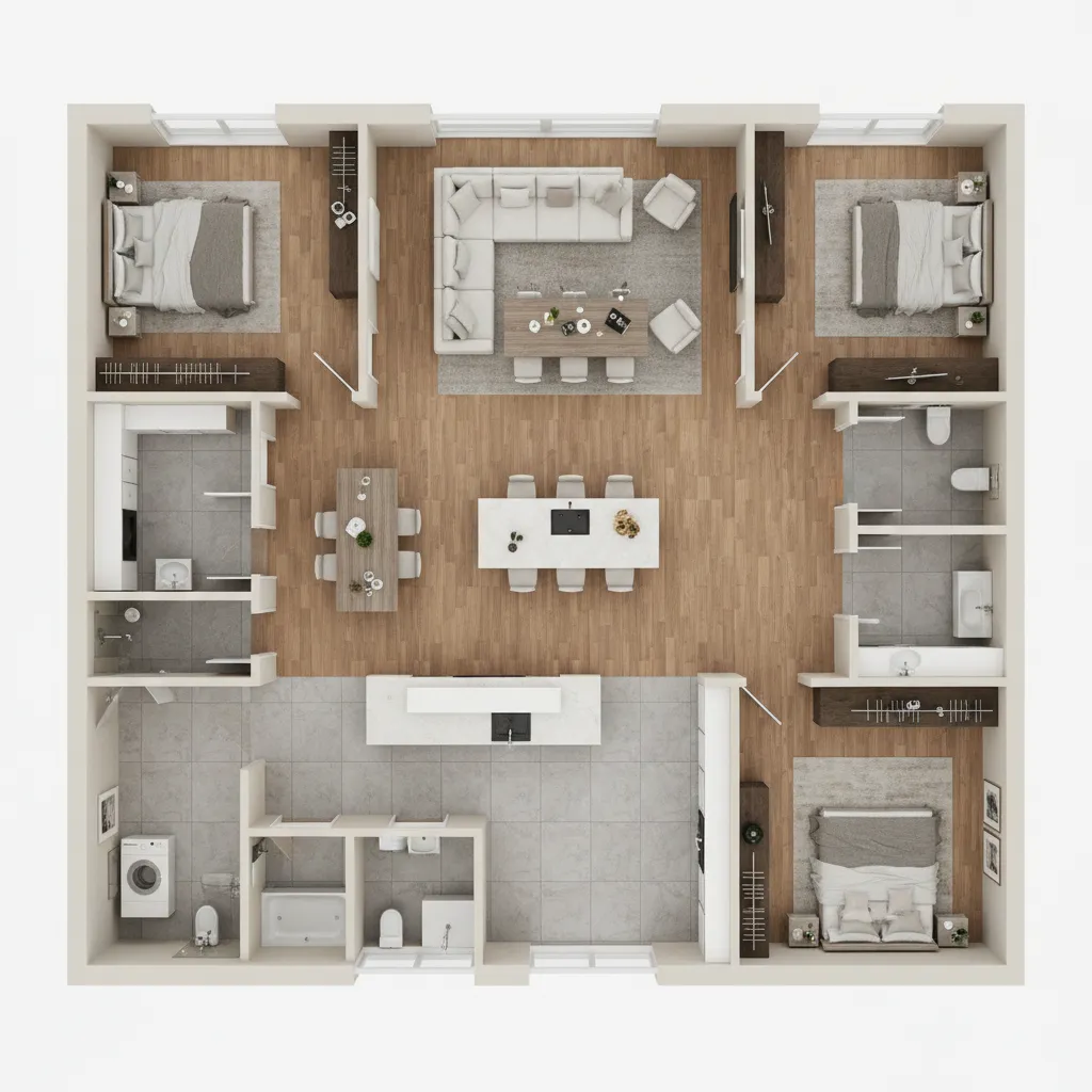 3D floor layout planning showing hardwood flooring direction across rooms