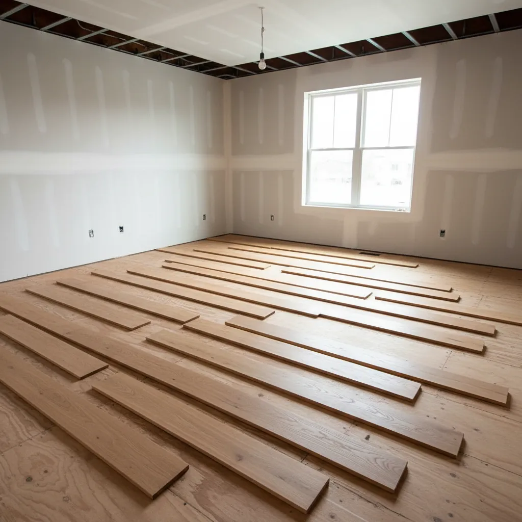 Hardwood planks arranged on floor showing staggered layout planning before installation