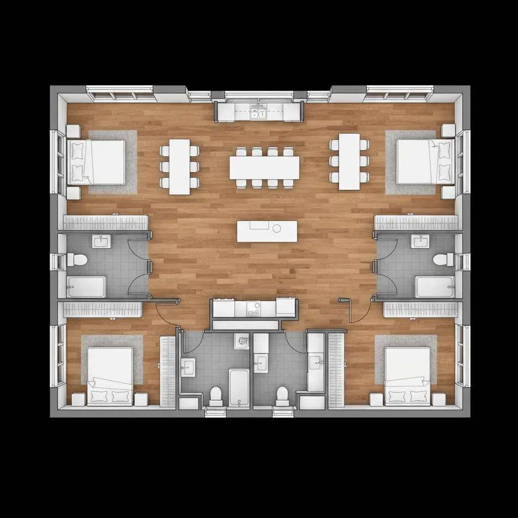 floor plan layout showing hardwood flooring installation planning across rooms