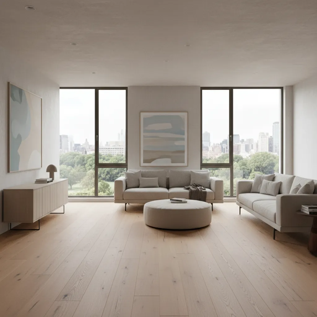 Modern living room with natural hardwood flooring designed for barefoot comfort