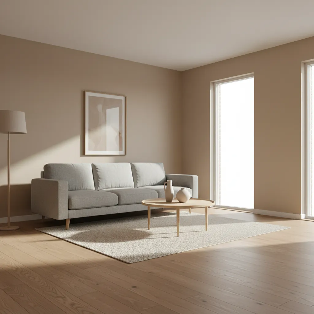 modern living room with natural hardwood flooring and warm lighting