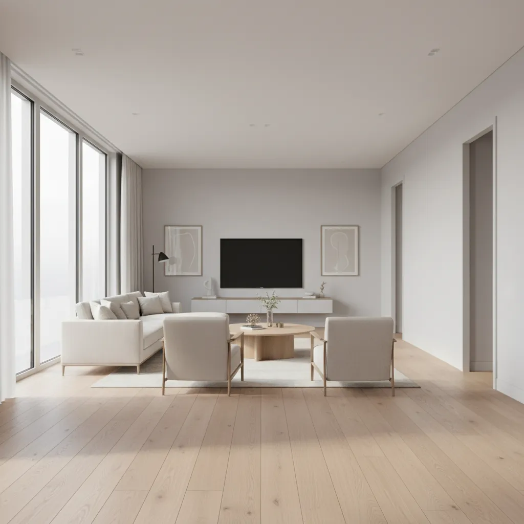 Modern living room with hardwood flooring and clear walking path across the space