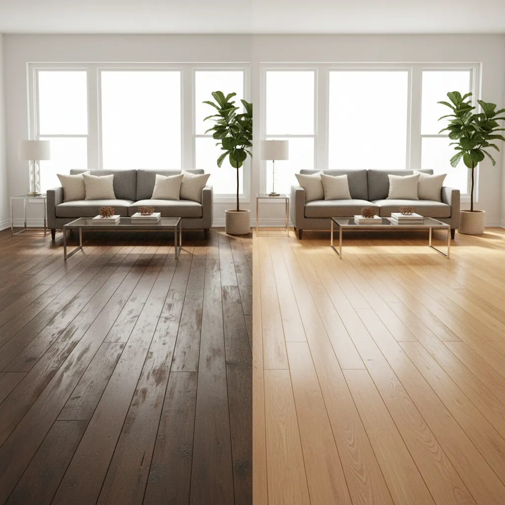 contrast between aged hardwood flooring and newly installed wood planks