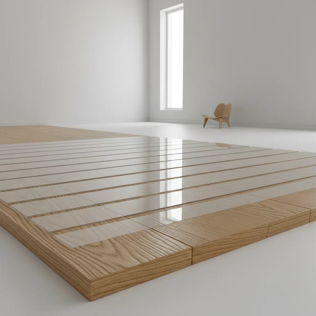 Hardwood floor showing layered polyurethane finish system diagram style visualization