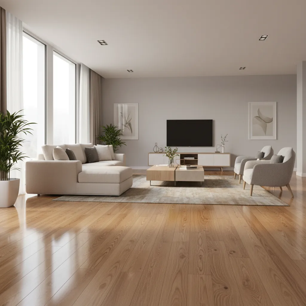 Hardwood floor with fresh polyurethane finish in a bright living room