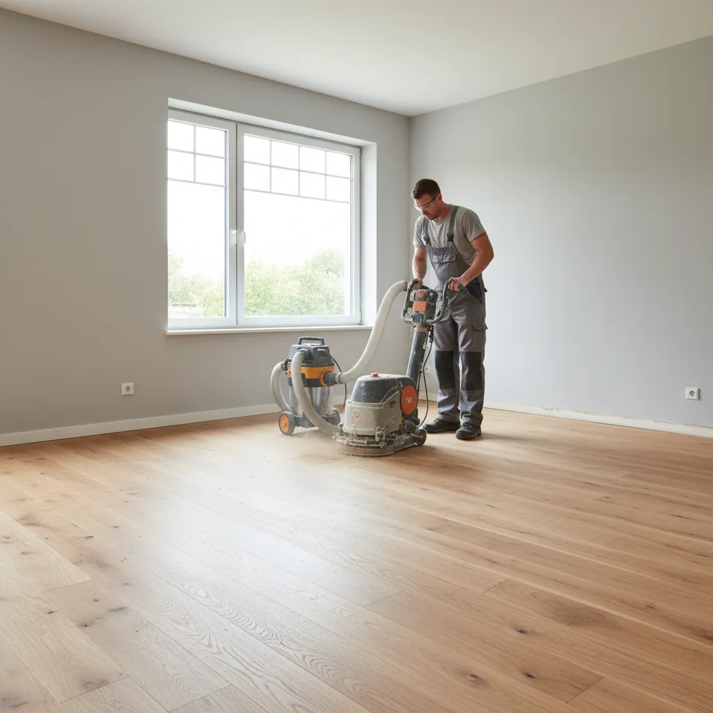 Preparing hardwood floor by sanding and cleaning before applying polyurethane