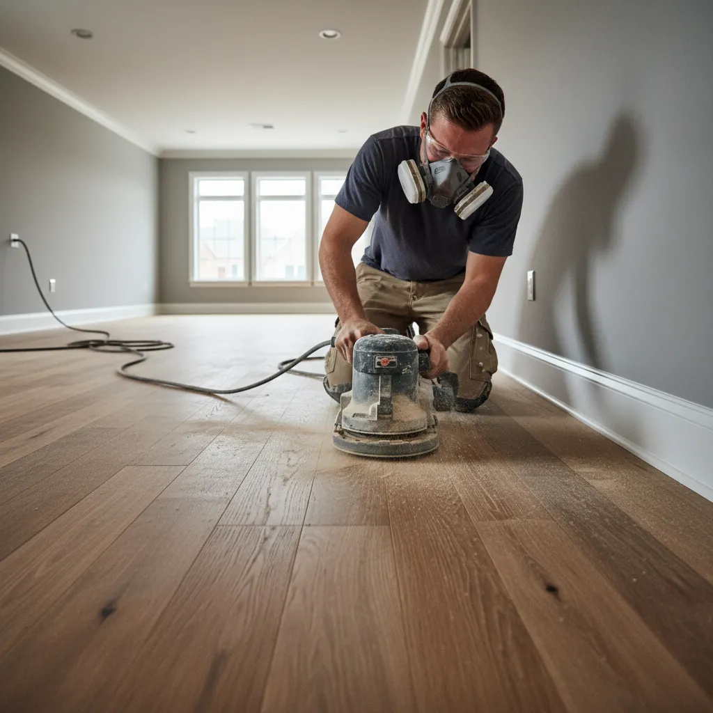 Edge sanding detail during hardwood floor refinishing