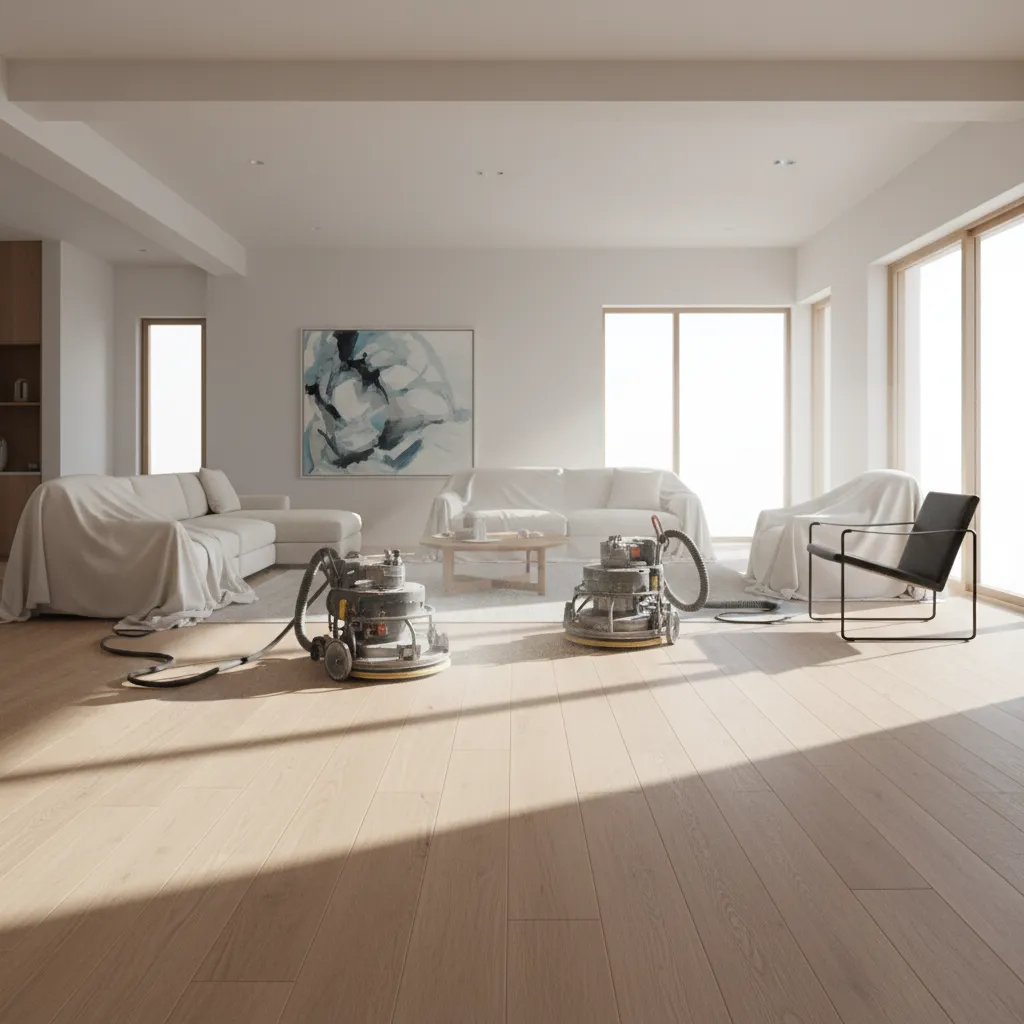 Large living room with hardwood floors being refinished