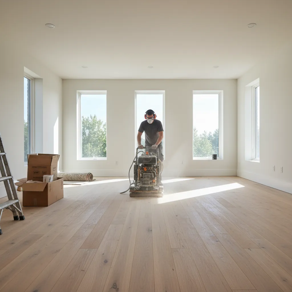 Professional sanding hardwood floor during refinishing process