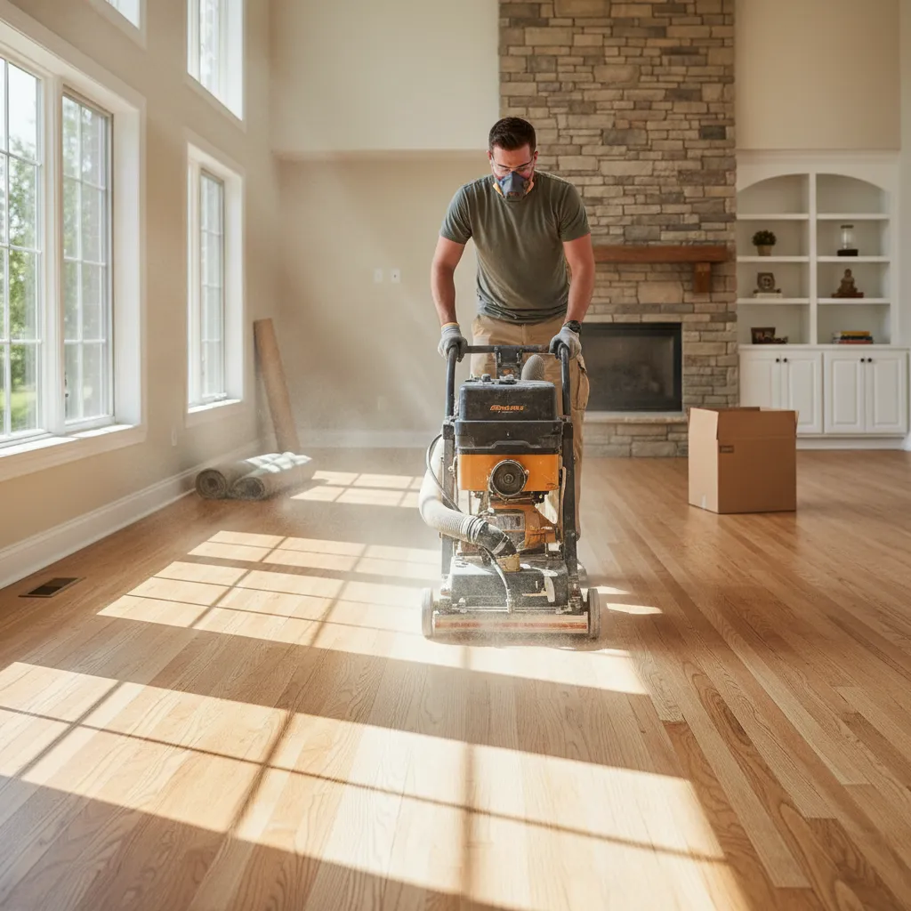 Contractor sanding hardwood floor during refinishing process in residential home